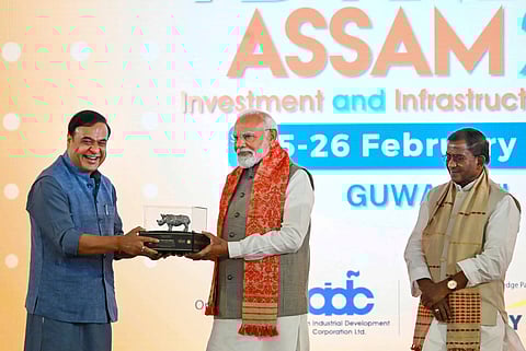 Prime Minister Narendra Modi with Assam Governor Lakshman Prasad Acharya and Chief Minister Himanta Biswa Sarma during the Advantage Assam 2.0 Investment & Infrastructure Summit 2025, in Guwahati.