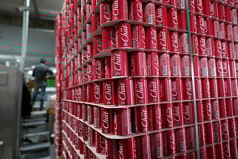 Pallets of branded aluminium cans at the production line in the Palestinian Chat Cola bottling plant, in the West Bank city of Salfit, Feb. 13, 2025.