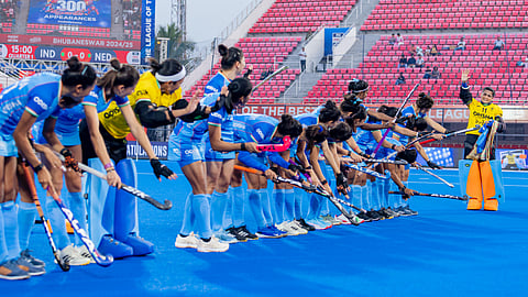 Savita Punia (R) being congratulated by hear teammates on Monday
