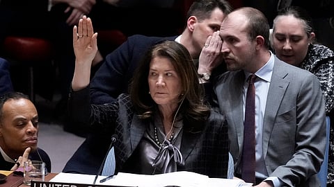 US Ambassador Dorothy Camille Shea votes in the UN Security Council, Monday, Feb. 24, 2025, at the United Nations headquarters.