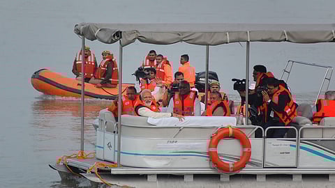 In this photo from December 14, 2019, Prime Minister Narendra Modi reviews the Namami Gange project aimed at cleaning the River Ganga, in Kanpur.