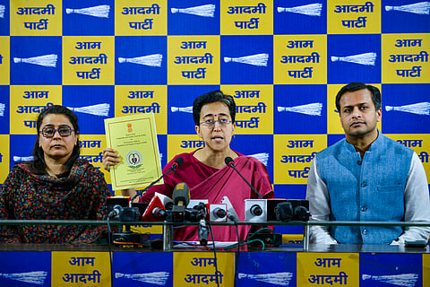 Leader of Opposition in Delhi Assembly and AAP leader Atishi with party leaders Priyanka Kakkar and Jasmine Shah addresses a press conference, in New Delhi, Tuesday, Feb. 25, 2025.