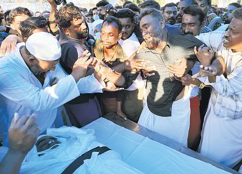 The mortal remains of Afsan, who was murdered by his brother Afan, kept for public homage at Perumala Junction near his house near Venjaramoodu in Thiruvananthapuram on Tuesday
