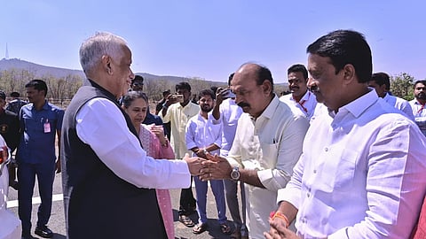 Governor Abdul Nazeer with wife being welcomed by officials and Srisailam MLA Budda Rajasekhar Reddy.