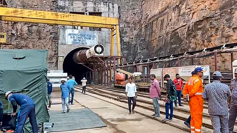 Rescue teams at the Srisailam Left Bank Canal (SLBC) project site where a portion of the tunnel collpased, in Nagarkurnool district, Tuesday, Feb. 25, 2025.