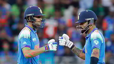 India's Virat Kohli and Shubman Gill celebrate their partnership during their ICC Champions Trophy 2025 Group A match against Pakistan at Dubai International Cricket Stadium in Dubai on Sunday, Feb. 23, 2025.