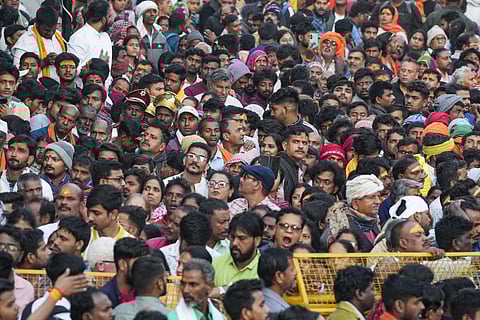 Crowd of devotees near the Kashi Vishwanath temple on the occasion of Maha Shivratri, marking the concluding day of the Mahakumbh, in Varanasi, Wednesday, Feb. 26, 2025.