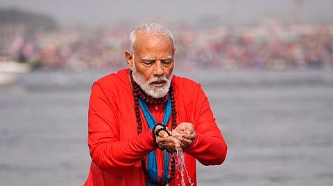 Prime Minister Narendra Modi takes a holy dip at the Sangam during the Maha Kumbh Mela 2025