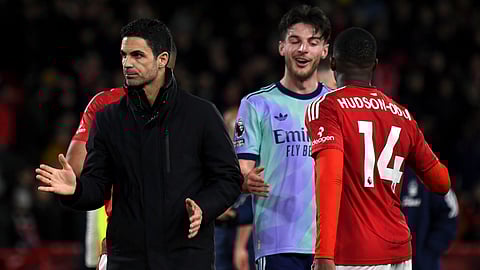 Arsenal's manager Mikel Arteta reacts after the end of the English Premier League soccer match between Nottingham Forest and Arsenal at the City Ground stadium in Nottingham, England, Wednesday, Feb. 26, 2025.