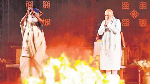 Union Home Minister Amit Shah, along with Sadhguru Jaggi Vasudev, took part in the Maha Shivarathri celebrations at the Isha Yoga Centre in Coimbatore on Wednesday.
