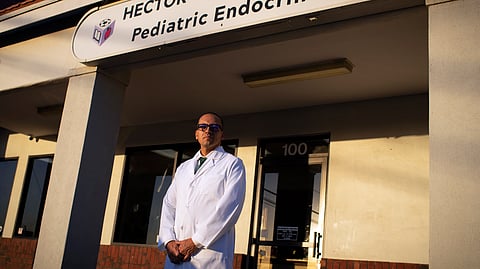 Pediatric endocrinologist Dr. Hector Granados poses for a photo outside his private practice in El Paso, Texas, Tuesday, Jan. 21, 2025.