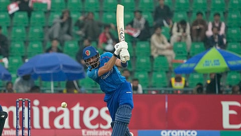 Afghanistan's Ibrahim Zadran plays a shot during the ICC Champions Trophy cricket match between Afghanistan and England, in Lahore, Pakistan, Wednesday, Feb. 26, 2025.
