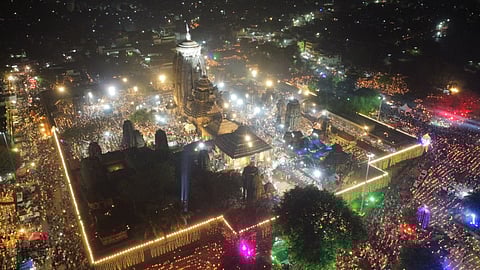 The famous Lingaraj Temple lit up on the occasion of Maha Shivaratri in Bhubaneswar on Wednesday