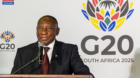 South African President Cyril Ramaphosa addresses reporters following the opening session of the G20 foreign ministers meeting in Johannesburg, South Africa, Thursday, Feb. 20, 2025.