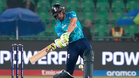 England's Jos Buttler plays a shot during the ICC Champions Trophy cricket match between Afghanistan and England, in Lahore, Pakistan, Wednesday, Feb. 26, 2025.