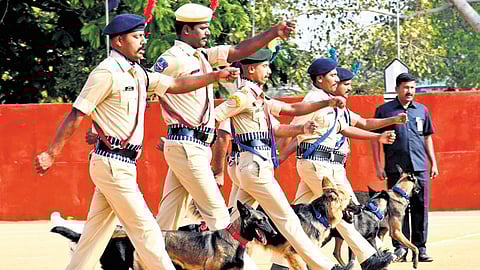 Canine handlers from Telangana and other states take part in the 24th passing out parade at the Integrated Intelligence Training Academy (IITA), Moinabad on Friday.