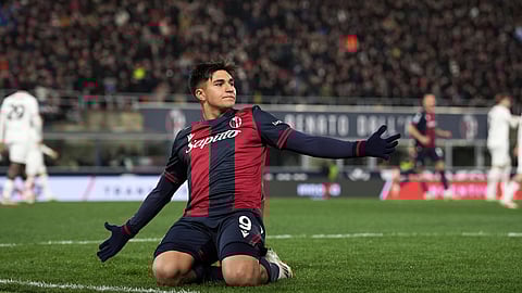 Bologna's Santiago Castro celebrates scoring during the Serie A soccer match between Bologna FC and A.C. Milan at Renato Dall'Ara Stadium, Bologna, Italy, Thursday, Feb. 27, 2025.