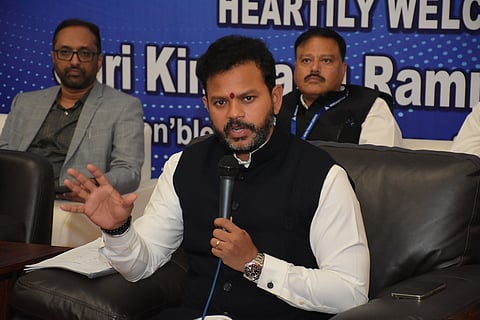 Union Minister of Civil Aviation Kinjarapu Rammohan Naidu addresses the media at Terminal 2, Chennai International Airport, after inaugurating the UDAN YATRI CAFE on Thursday.