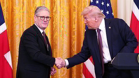 Britain's Prime Minister Keir Starmer, left, and US President Donald Trump shake hands at a joint press conference in the East Room at the White House Thursday, Feb. 27, 2025, in Washington.