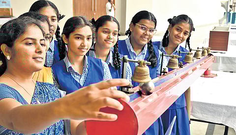 Students at the inauguration of UR Rao Bhavan, a newly-constructed facility at Jawaharlal Nehru Planetarium, one of the five planetariums in India, on the occasion of Science Day in Bengaluru on Friday