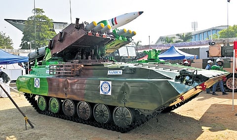 An Army tank displayed at the Vigyan Vaibhav science expo