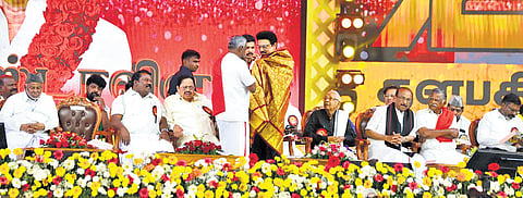 DMK and alliance party leaders at YMCA Grounds on Friday to celebrate the birthday of Chief Minister MK Stalin