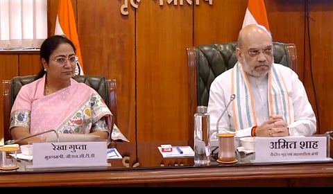 Union Home Minister Amit Shah with Delhi CM Rekha Gupta chairs a meeting to review law and order situation in Delhi, in New Delhi, Friday, Feb. 28, 2025.