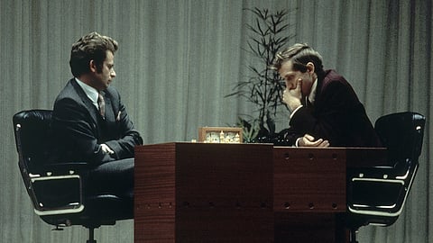 Bobby Fischer, right, and Boris Spassky play their last game together in Reykjavik, Iceland, Aug. 31, 1972.