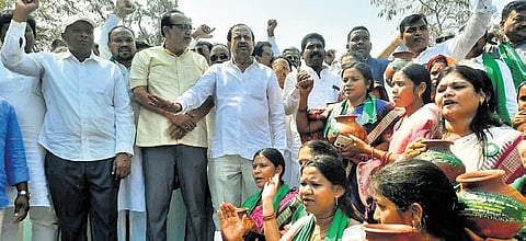 BJD leaders raising slogans against the Polavaram project in Malkangiri on Friday