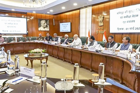 Union Home Minister Amit Shah chairs a meeting to review security situation in Manipur, in New Delhi, Saturday, March 1, 2025.