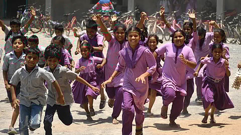 Students in joyful mood while they leave school premises on the last day as the summer holidays were given in Vijayawada on Tuesday. Image used for representational purposes only.