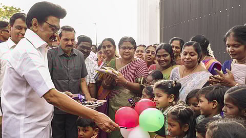 Tamil Nadu Chief Minister MK Stalin with children during celebrations of his 72nd birthday, in Chennai, Saturday, March 1, 2025.