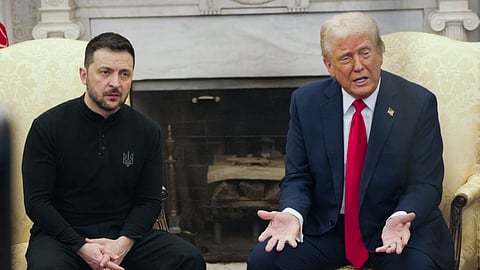 President Donald Trump, right, meets with Ukrainian President Volodymyr Zelenskyy in the Oval Office at the White House.