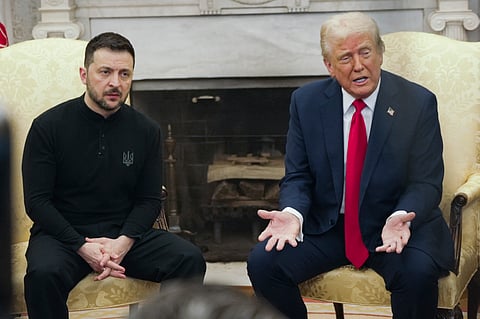 President Donald Trump, right, meets with Ukrainian President Volodymyr Zelenskyy in the Oval Office at the White House.