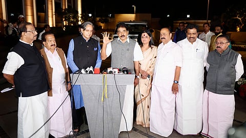 Congress leaders Shashi Tharoor and KC Venugopal with AICC general secretary and in-charge of Kerala Deepa Dasmunshi and others address the media after a meeting of the party's Kerala leadership with Congress President Mallikarjun Kharge and LoP in the Lok Sabha Rahul Gandhi, in New Delhi.