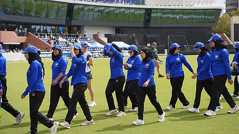 Afghanistan women cricketers during the exhibition match against Cricket Without Borders XI at Junction Oval, Melbourne