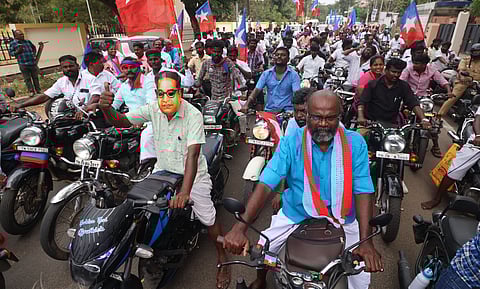 In the wake of a scheduled caste boy was hacked for driving a bullet bike at a caste Hindu dominated area in Sivaganga district early this year, the VCK party organised a bike rally seeking social harmony in Madurai city.