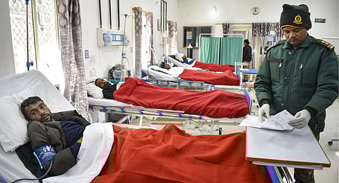 Injured victims receive treatments at the Military Hospital in Joshimath after several labourers got trapped under snow following an avalanche in the Mana area of Chamoli district on Sunday, March 2, 2025.