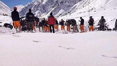 Rescue operation underway after an avalanche hit the Border Roads Organisation (BRO) camp between Mana and Badrinath on Friday, in Chamoli district, Uttarakhand, Sunday, March 2, 2025.