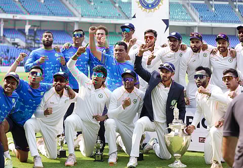 Vidarbha team celebrate after winning the Ranji Trophy title