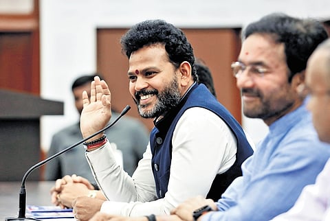 Union Minister of Civil Aviation K Ram Mohan Naidu along with Union Minister G Kishan Reddy during a press meet in Hyderabad