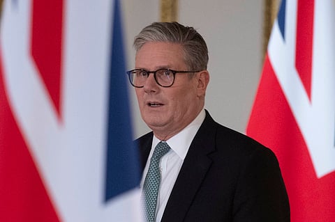 Britain's Keir Starmer speaks at a press conference as he hosts a European leaders' summit to discuss Ukraine, at Lancaster House in London, Sunday March 2, 2025.