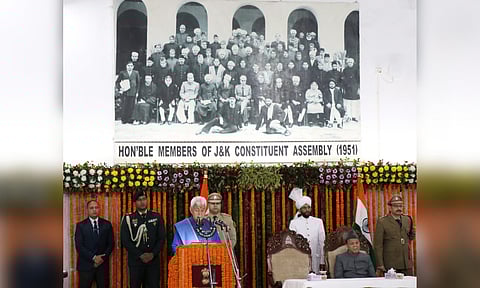 Jammu and Kashmir Lieutenant Governor Manoj Sinha addresses during the first day of the Budget session of J&K Assembly, in Jammu, Monday.