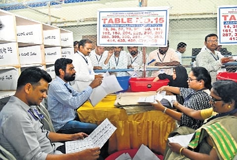 Counting of votes for elections to the Legislative Council takes place at a counting centre in Karimnagar on Monday.