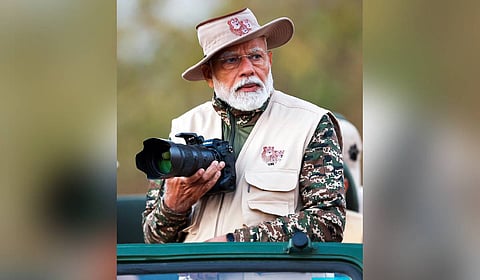 Prime Minister Narendra Modi during lion safari at Gir Wildlife Sanctuary, on the occasion of the World Wildlife Day, in Gujarat's Junagadh district.