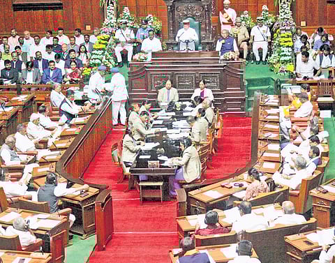Governor Thaawarchand Gehlot addresses the joint session of the legislature at Vidhana Soudha in Bengaluru on Monday | EXPRESS
