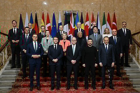 Britain's Prime Minister Keir Starmer, front center, hosts the European leaders' summit to discuss Ukraine, at Lancaster House, London, Sunday March 2, 2025.