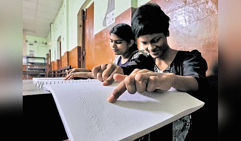 Asiya S and Niranjana L, students of the Government School for the Visually Impaired in Vazhuthacaud, Thiruvananthapuram, are preparing for their SSLC exams.