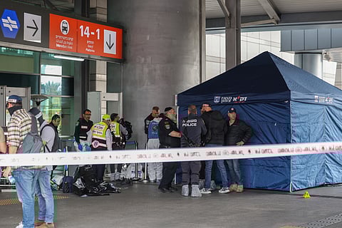 Members of Israeli security and emergency services deploy at the site of a stabbing attack at a central bus station in Haifa on March 3, 2025.