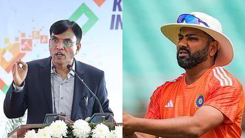 Sports Minister Mansukh Mandaviya (L) and India captain Rohit Sharma